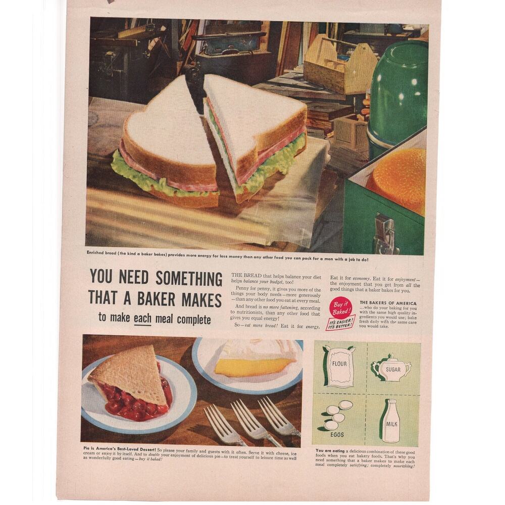 Bakers of America Magazine Advertisement 1949 Color Vintage Bread Sandwich Pie